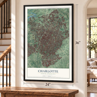 Charlotte, North Carolina map, 24 x 36 inch print in a black frame by a staircase