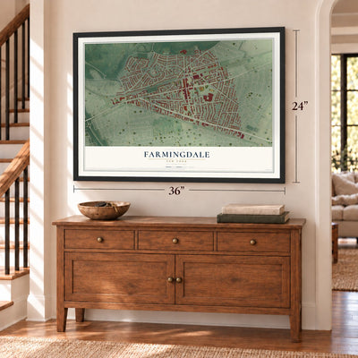 Farmingdale, New York map, 24 x 36 inch print in a black frame above a dresser by a staircase