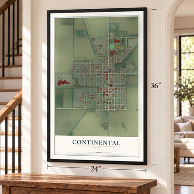 Continental, Ohio map, 24 x 36 inch print in a black frame by a staircase