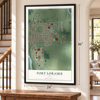 Fort Loramie, Ohio map, 24 x 36 inch print in a black frame by a staircase