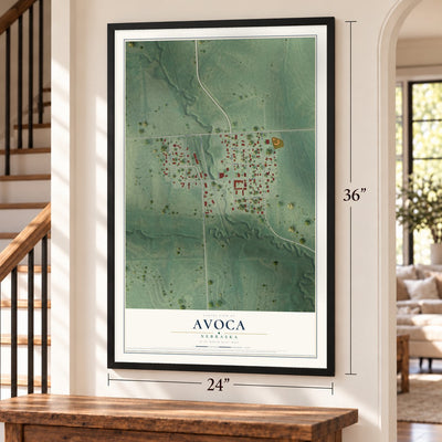 Avoca, Nebraska map, 24 x 36 inch print in a black frame by a staircase