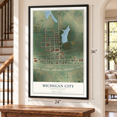 Michigan City, North Dakota map, 24 x 36 inch print in a black frame by a staircase