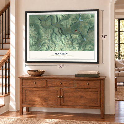Marion, Beaver County, Pennsylvania map, 24 x 36 inch print in a black frame above a dresser by a staircase