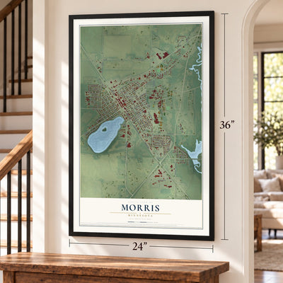 Morris, Minnesota map, 24 x 36 inch print in a black frame by a staircase