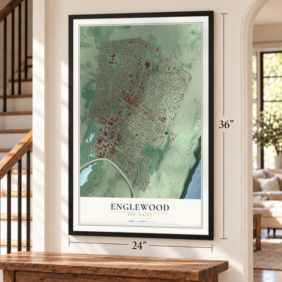 Englewood, New Jersey map, 24 x 36 inch print in a black frame by a staircase