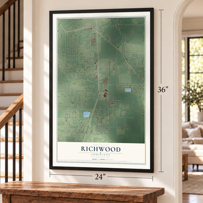 Richwood, Louisiana map, 24 x 36 inch print in a black frame by a staircase