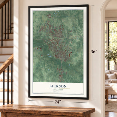 Jackson, Tennessee map, 24 x 36 inch print in a black frame by a staircase