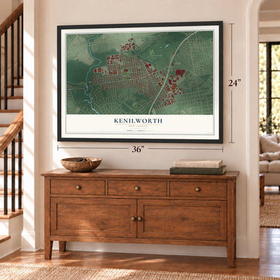Kenilworth, New Jersey map, 24 x 36 inch print in a black frame above a dresser by a staircase