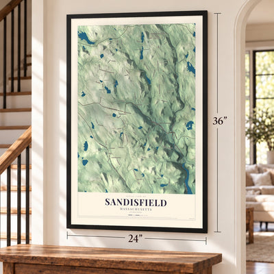 Sandisfield, Massachusetts map, 24 x 36 inch print in a black frame by a staircase