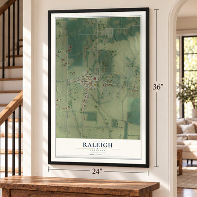 Raleigh, Illinois map, 24 x 36 inch print in a black frame by a staircase