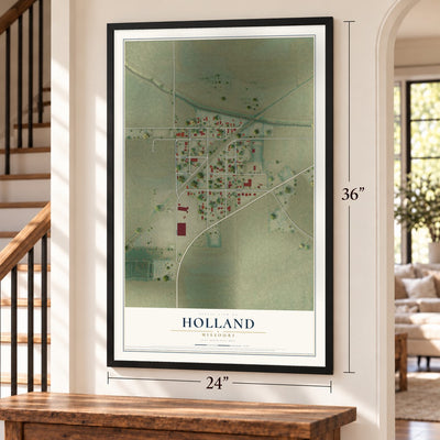 Holland, Missouri map, 24 x 36 inch print in a black frame by a staircase