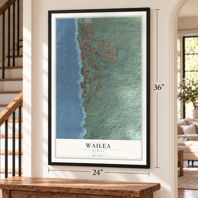 Wailea, Hawaii map, 24 x 36 inch print in a black frame by a staircase