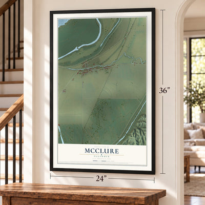 McClure, Illinois map, 24 x 36 inch print in a black frame by a staircase