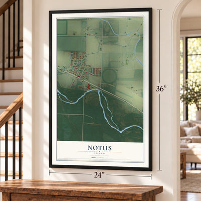 Notus, Idaho map, 24 x 36 inch print in a black frame by a staircase
