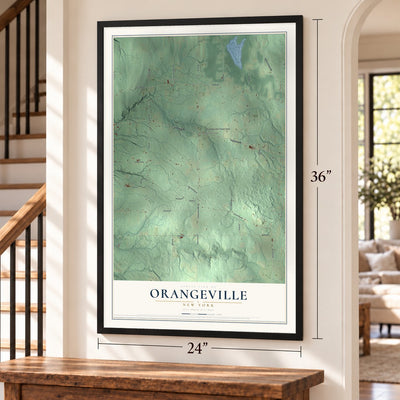 Orangeville, New York map, 24 x 36 inch print in a black frame by a staircase