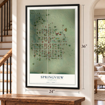 Springview, Nebraska map, 24 x 36 inch print in a black frame by a staircase