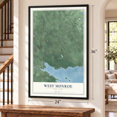 West Monroe, New York map, 24 x 36 inch print in a black frame by a staircase