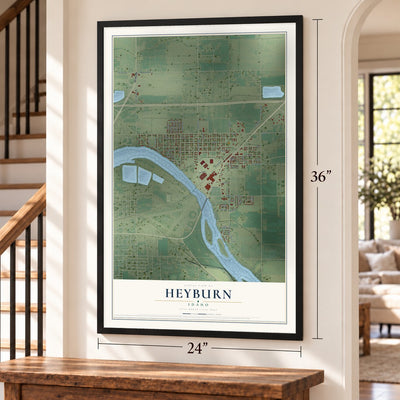 Heyburn, Idaho map, 24 x 36 inch print in a black frame by a staircase
