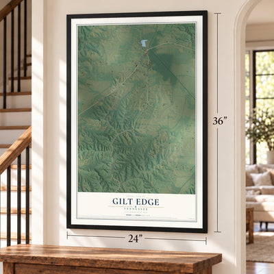 Gilt Edge, Tennessee map, 24 x 36 inch print in a black frame by a staircase