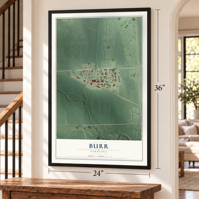 Burr, Nebraska map, 24 x 36 inch print in a black frame by a staircase