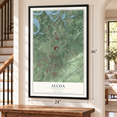Alcoa, Tennessee map, 24 x 36 inch print in a black frame by a staircase