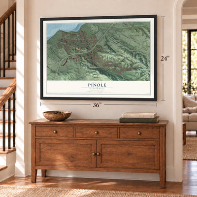 Pinole, California map, 24 x 36 inch print in a black frame above a dresser by a staircase