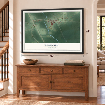 Seminary, Mississippi map, 24 x 36 inch print in a black frame above a dresser by a staircase