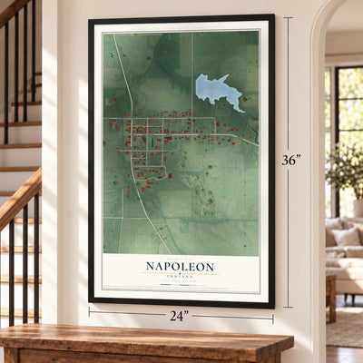Napoleon, Indiana map, 24 x 36 inch print in a black frame by a staircase