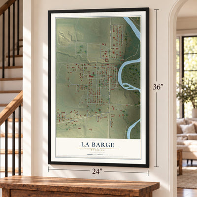 La Barge, Wyoming map, 24 x 36 inch print in a black frame by a staircase