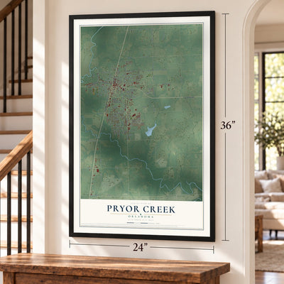 Pryor Creek, Oklahoma map, 24 x 36 inch print in a black frame by a staircase
