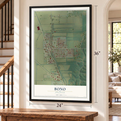 Bono, Arkansas map, 24 x 36 inch print in a black frame by a staircase