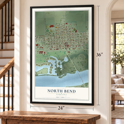 North Bend, Nebraska map, 24 x 36 inch print in a black frame by a staircase