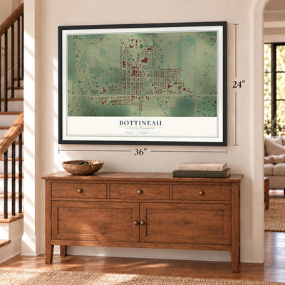 Bottineau, North Dakota map, 24 x 36 inch print in a black frame above a dresser by a staircase