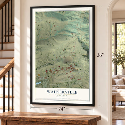Walkerville, Montana map, 24 x 36 inch print in a black frame by a staircase