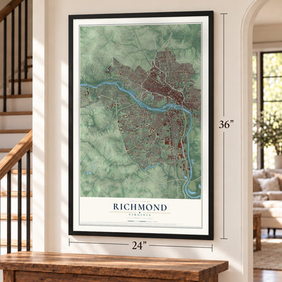Richmond, Virginia map, 24 x 36 inch print in a black frame by a staircase