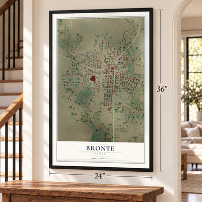 Bronte, Texas map, 24 x 36 inch print in a black frame by a staircase
