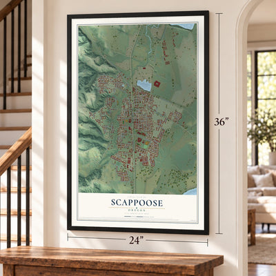 Scappoose, Oregon map, 24 x 36 inch print in a black frame by a staircase