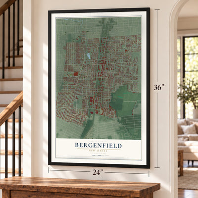 Bergenfield, New Jersey map, 24 x 36 inch print in a black frame by a staircase