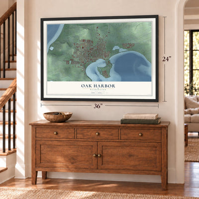 Oak Harbor, Washington map, 24 x 36 inch print in a black frame above a dresser by a staircase