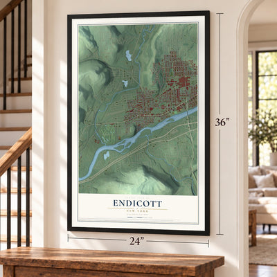 Endicott, New York map, 24 x 36 inch print in a black frame by a staircase