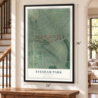 Evesham Park, Maryland map, 24 x 36 inch print in a black frame by a staircase