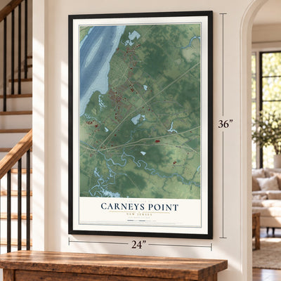 Carneys Point, New Jersey map, 24 x 36 inch print in a black frame by a staircase