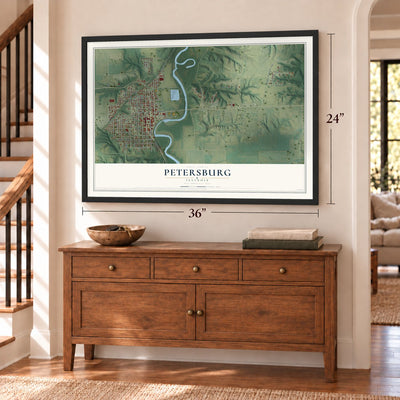 Petersburg, Illinois map, 24 x 36 inch print in a black frame above a dresser by a staircase