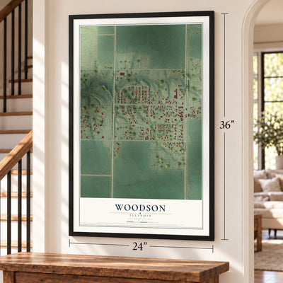Woodson, Illinois map, 24 x 36 inch print in a black frame by a staircase