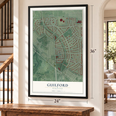 Guilford, Maryland map, 24 x 36 inch print in a black frame by a staircase