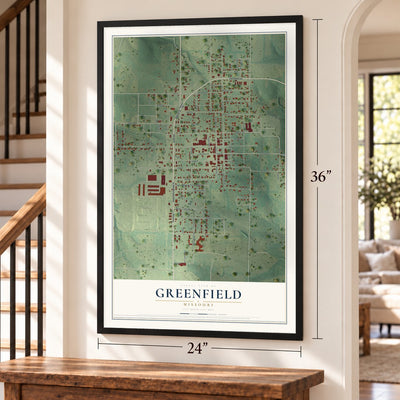 Greenfield, Missouri map, 24 x 36 inch print in a black frame by a staircase