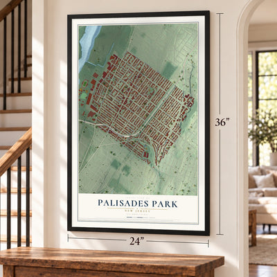 Palisades Park, New Jersey map, 24 x 36 inch print in a black frame by a staircase