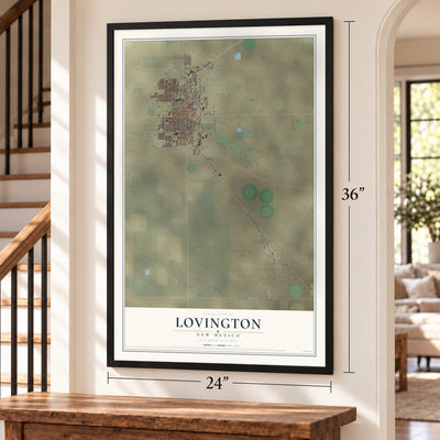 Lovington, New Mexico map, 24 x 36 inch print in a black frame by a staircase