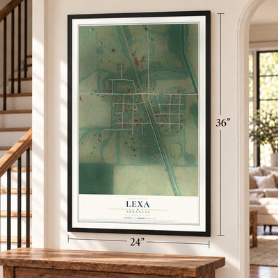 Lexa, Arkansas map, 24 x 36 inch print in a black frame by a staircase