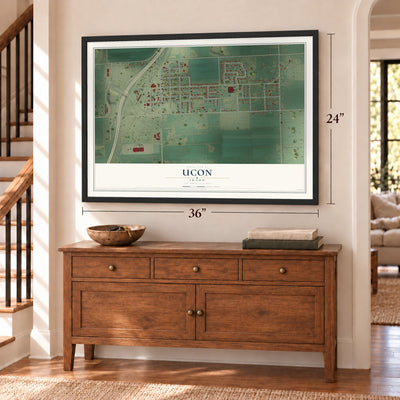 Ucon, Idaho map, 24 x 36 inch print in a black frame above a dresser by a staircase